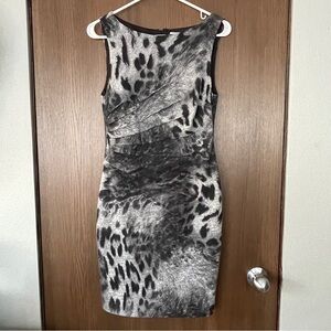 Gray Black Leopard Animal Print Sleeveless Dress With Pleated Waist